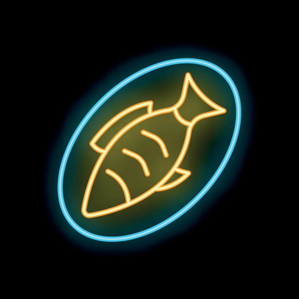 Glowing neon sign depicting grilled fish on a plate on black background vector