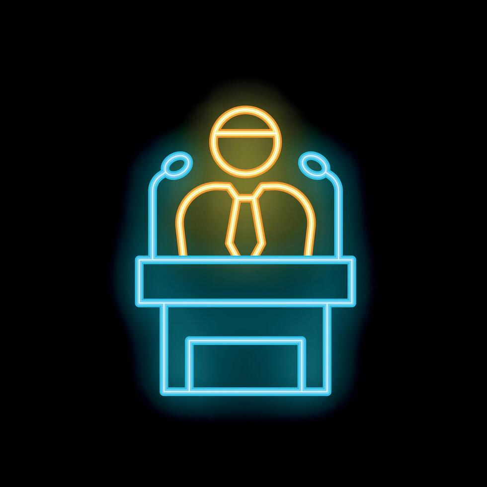 Neon icon of businessman giving a speech at tribune with microphones vector