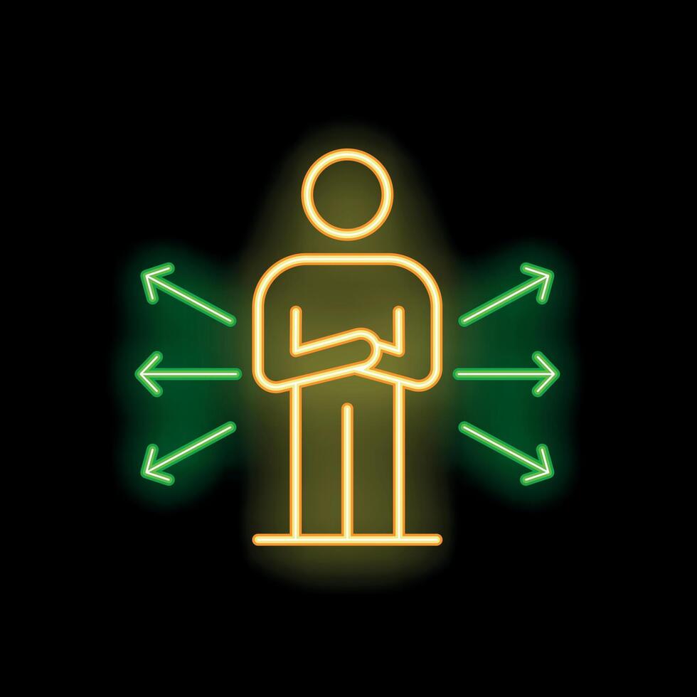 Neon sign of a businessman choosing business direction among multiple arrows vector