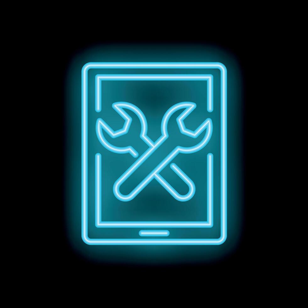 Neon blue smartphone showing crossed wrenches for online technical support vector