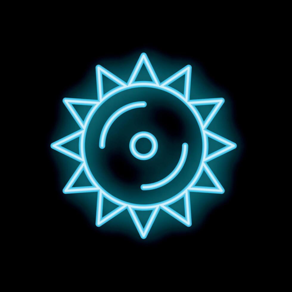 Neon blue circular saw blade glowing on black background vector