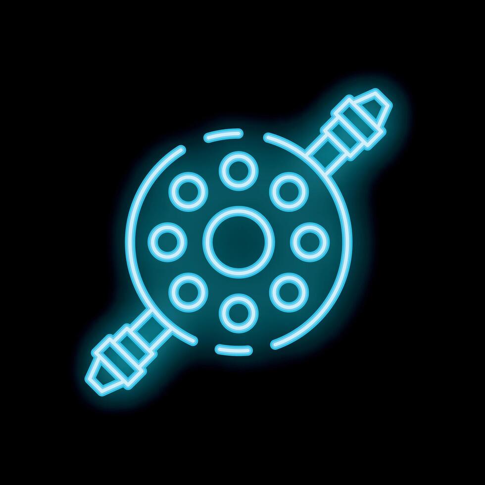 Neon blue bicycle hub icon glowing against dark background vector