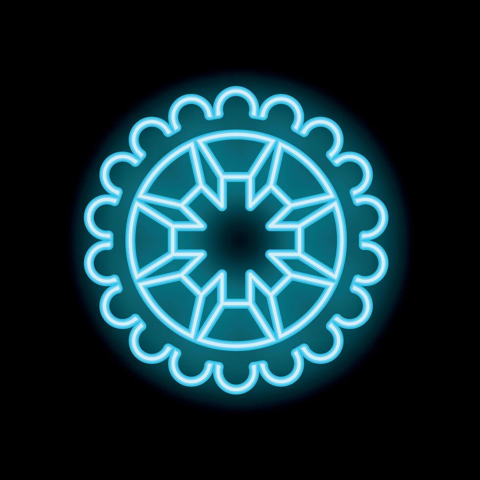 Neon blue round ornament with floral elements on black background vector