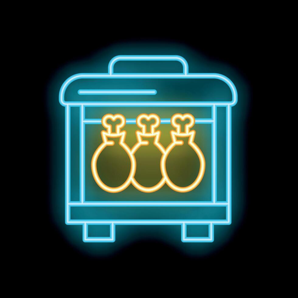 Glowing neon line street food kiosk with chicken legs icon isolated on black background vector