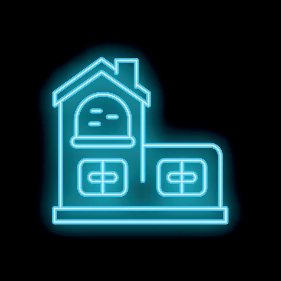 Neon sign depicting two story house with garage on black background vector