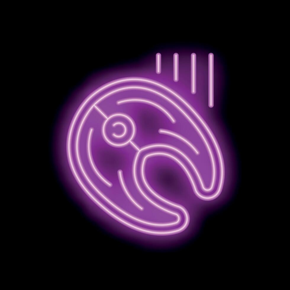 Neon icon of salmon steak glowing on black background vector
