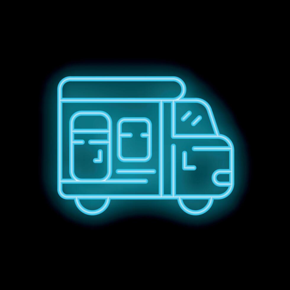 Blue neon sign of a camper van showing travel concept on black background vector