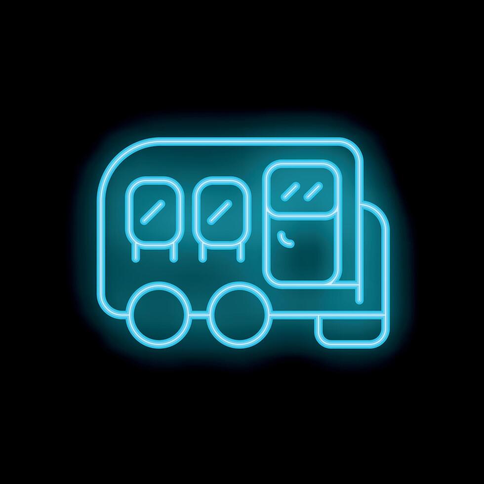 Neon blue bus icon glowing against a black background vector