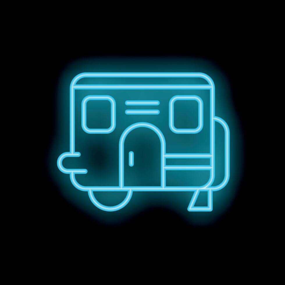 Blue neon icon of a camper trailer glowing on black background vector