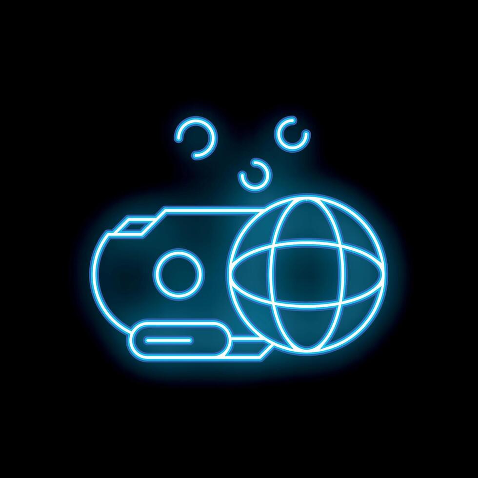 Neon blue hard drive icon connecting to digital world representing cloud computing vector