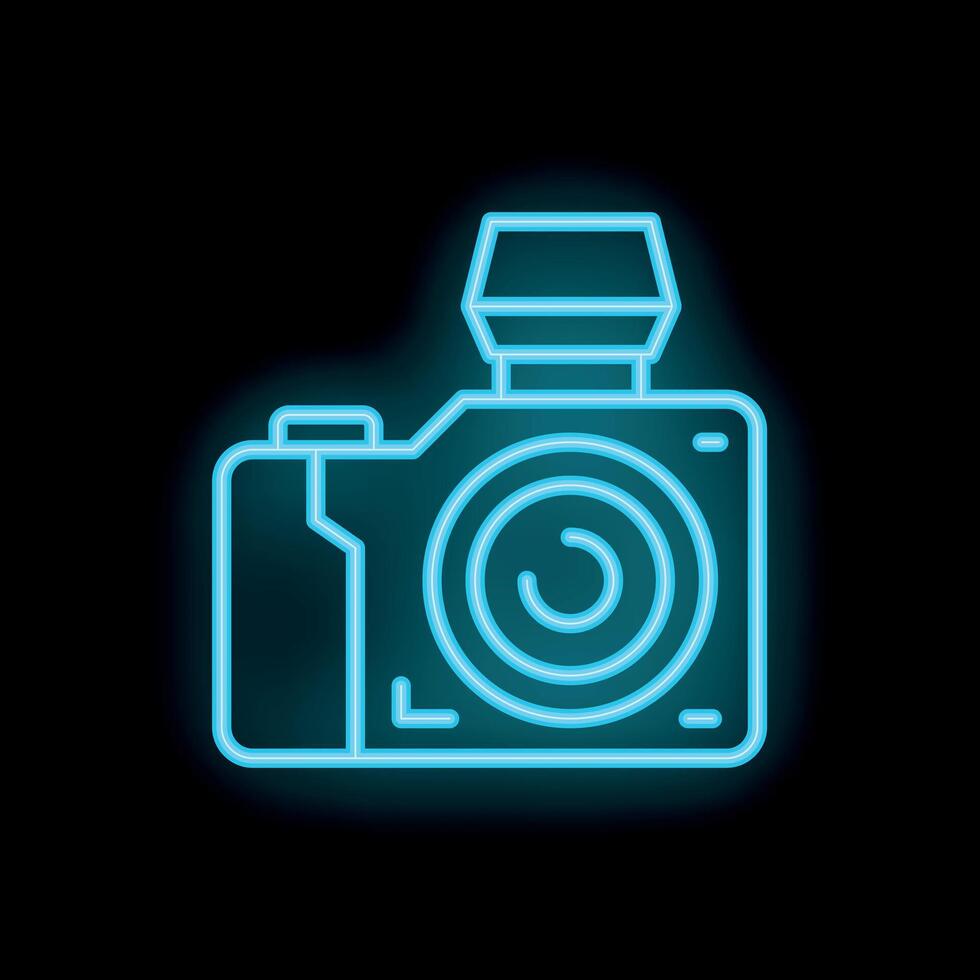 Neon blue digital camera glowing on black background vector