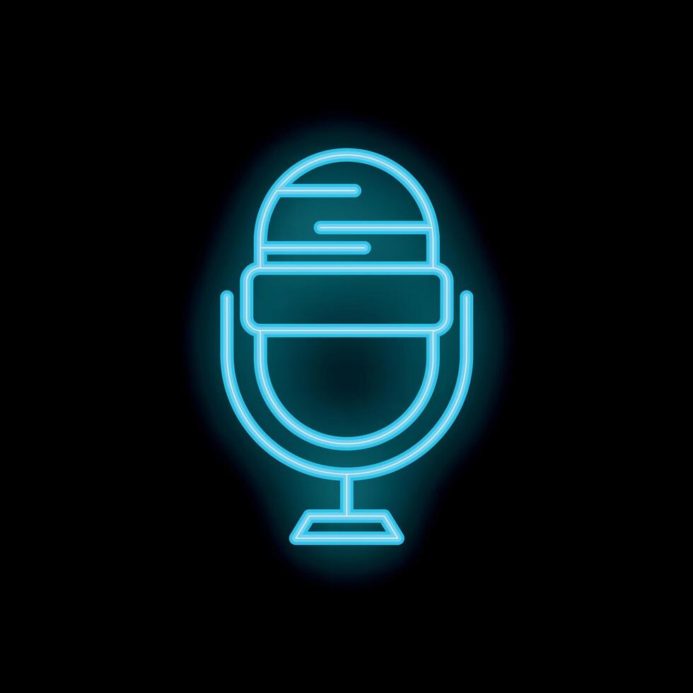 Neon icon of a vintage microphone glowing blue on black background vector