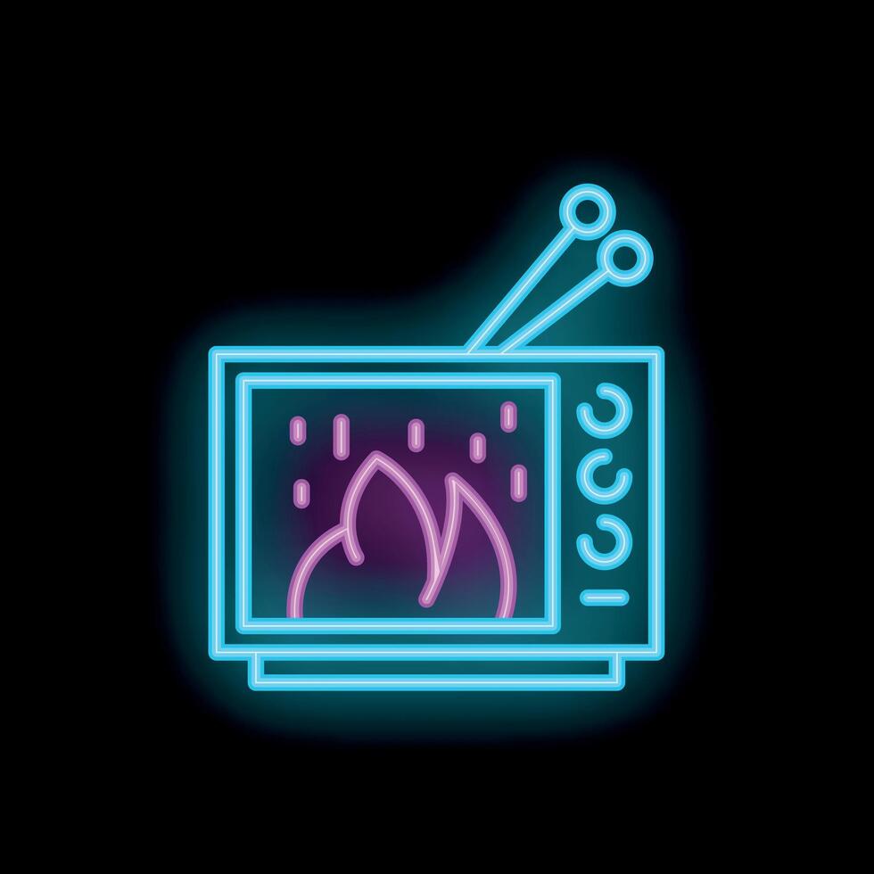 Glowing neon sign depicting a retro television showing a fire burning on the screen vector