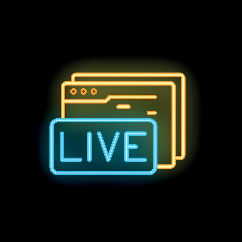 Neon live streaming icon with browser windows glowing vector