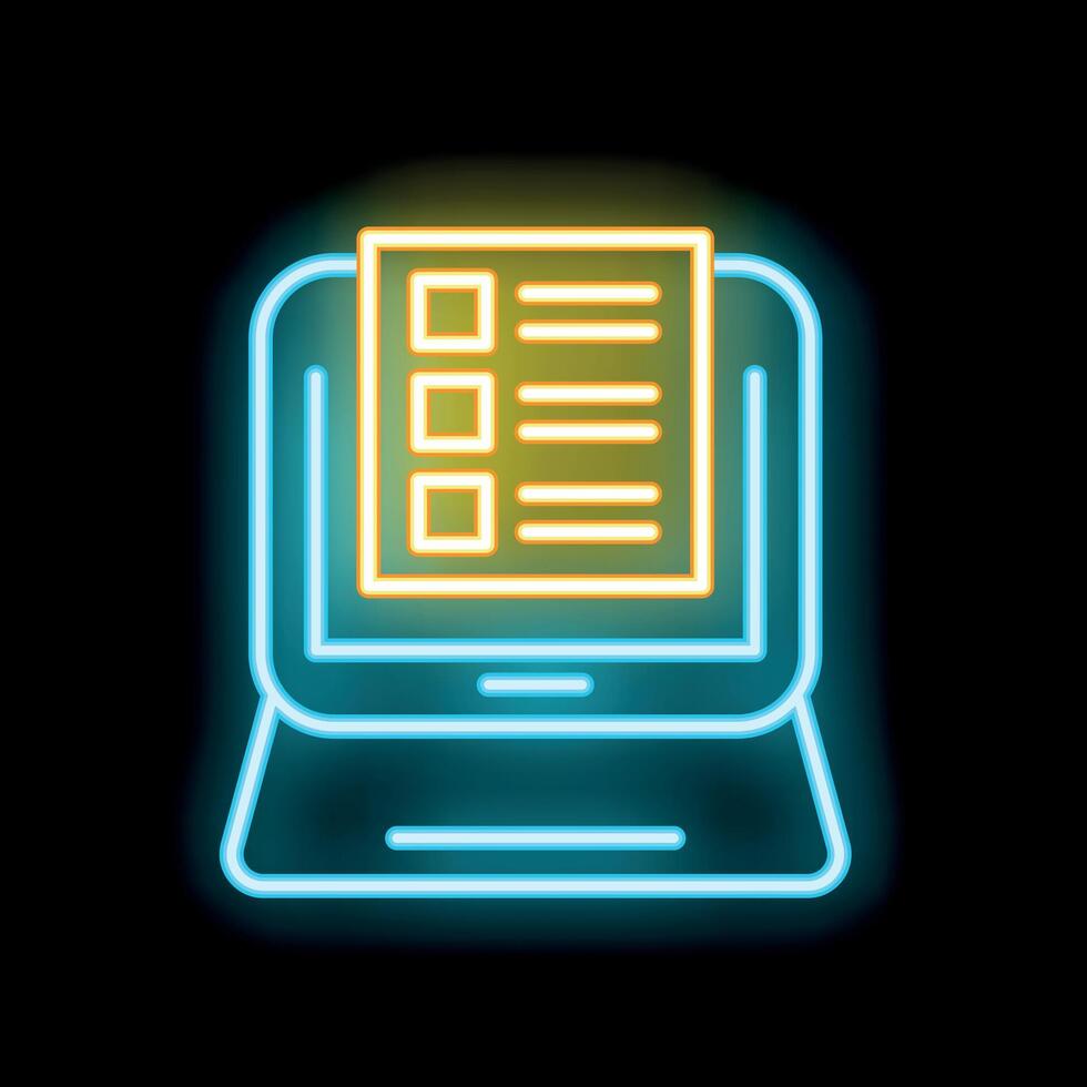 Neon online survey on laptop screen icon glowing on dark background vector