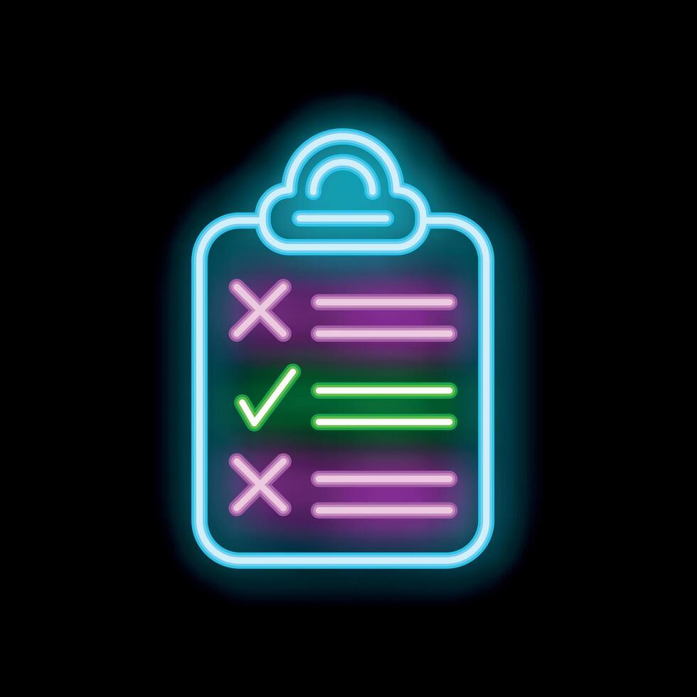 Neon clipboard showing check marks for completed tasks on black background vector