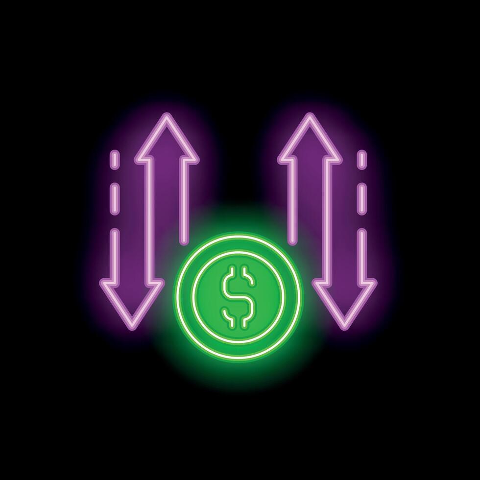 Neon sign depicting dollar coin with up and down arrows on black background vector