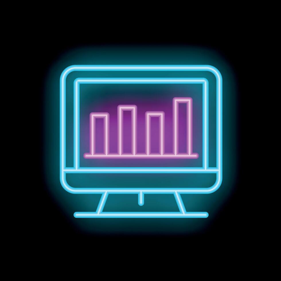 Neon computer screen showing growing bar chart icon on black background vector