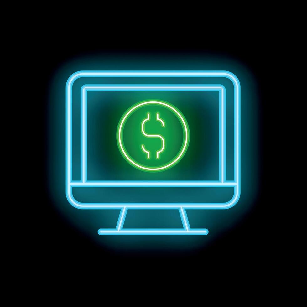 Neon sign of computer screen showing dollar sign for online business vector