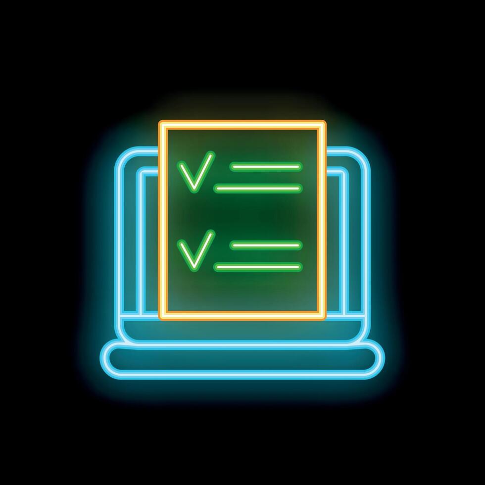 Neon online survey with checkmarks on laptop screen vector