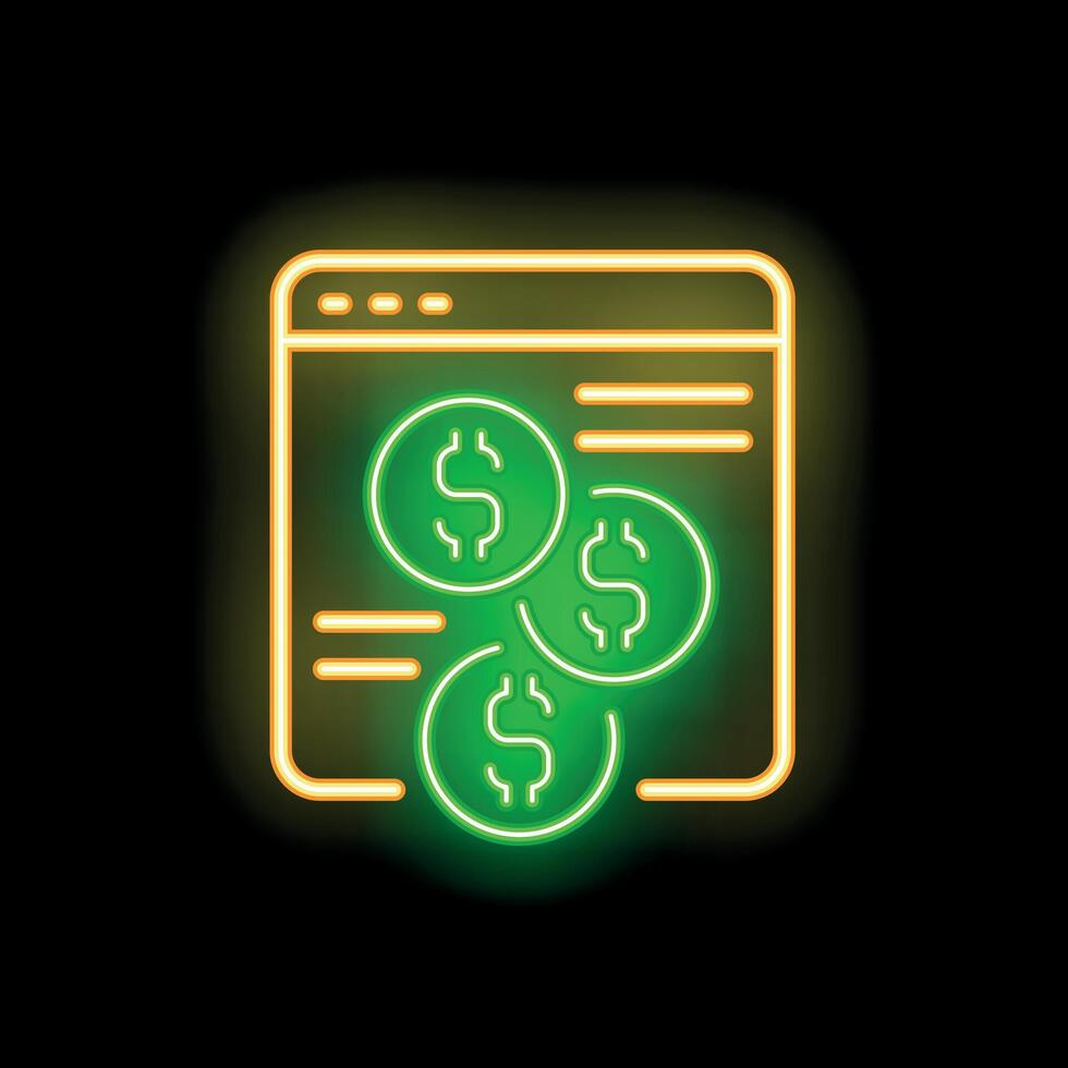 Neon sign representing online earning with dollar coins and webpage interface vector