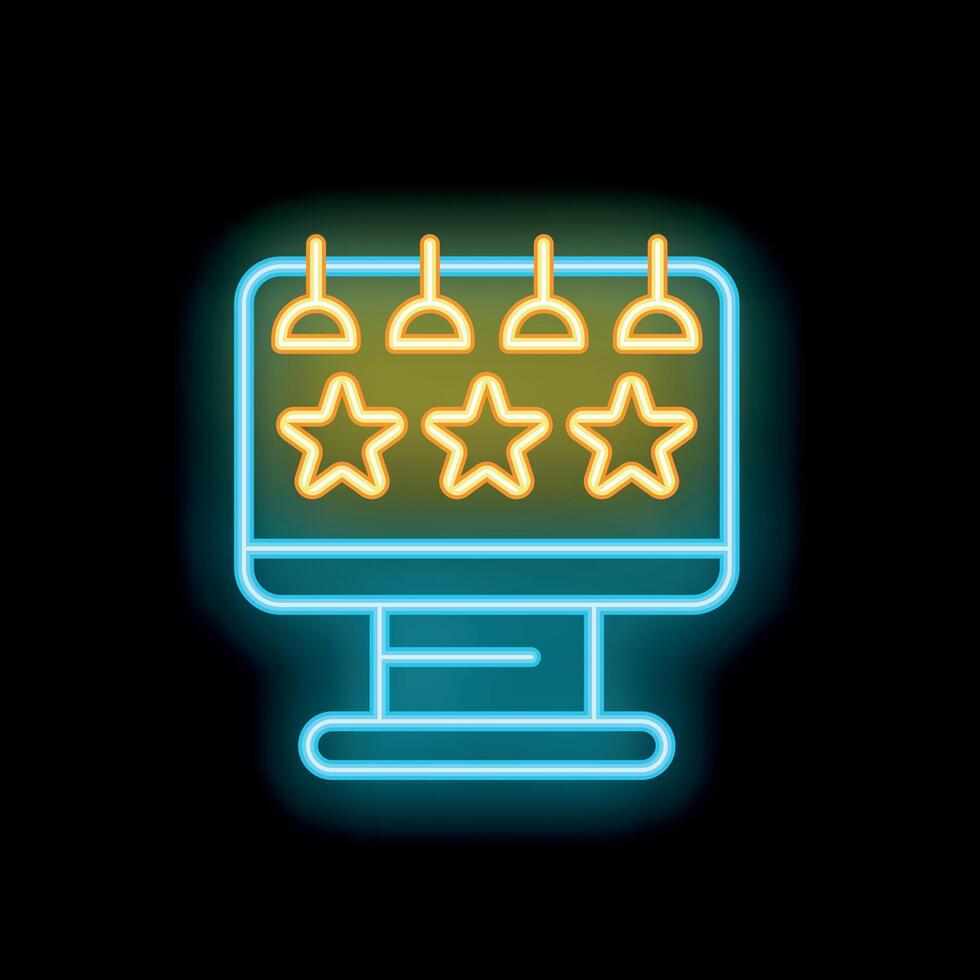 Neon sign representing customer review rating system with five stars on computer screen vector