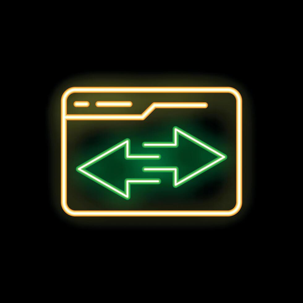 Neon icon of website page with left and right arrows on black background vector
