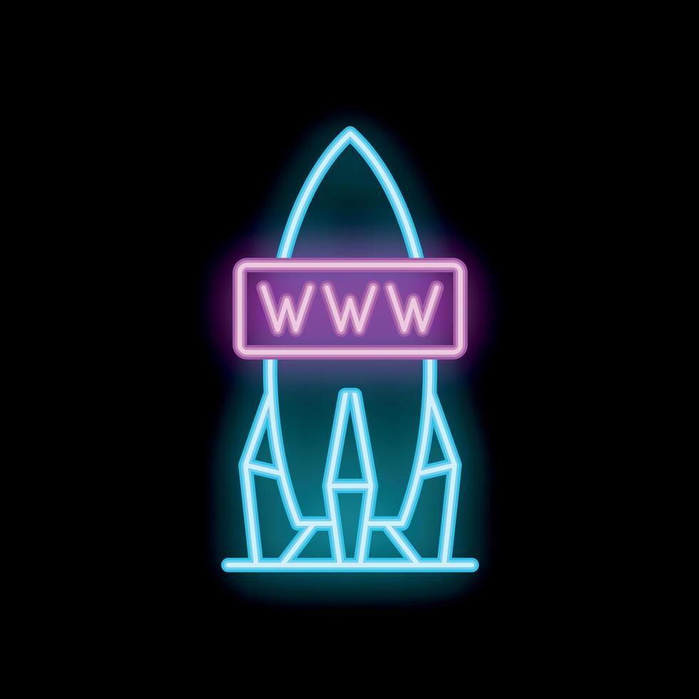 Neon rocket launching with www sign, start up concept icon vector
