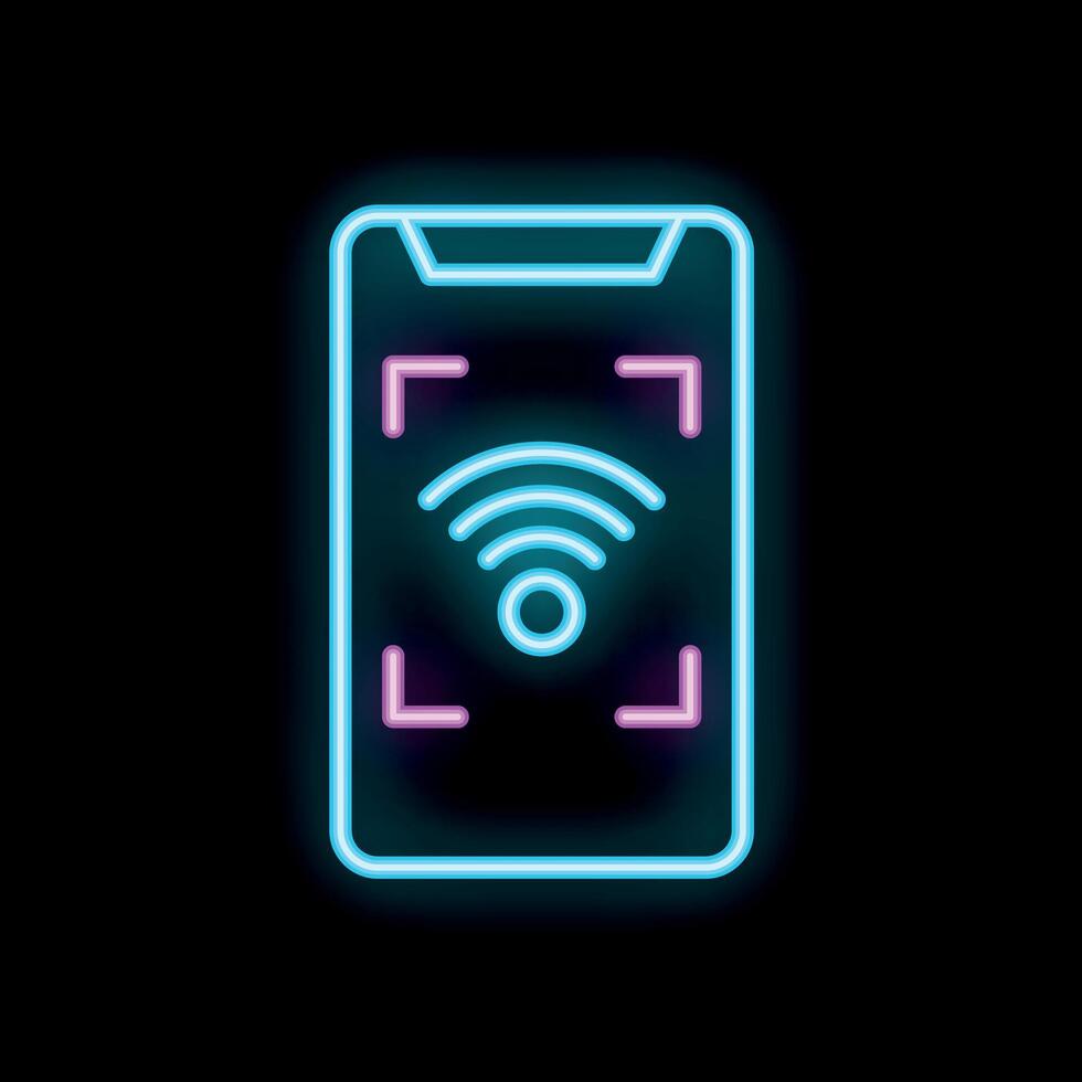 Neon glowing icon of a smartphone scanning a wifi signal with its camera vector