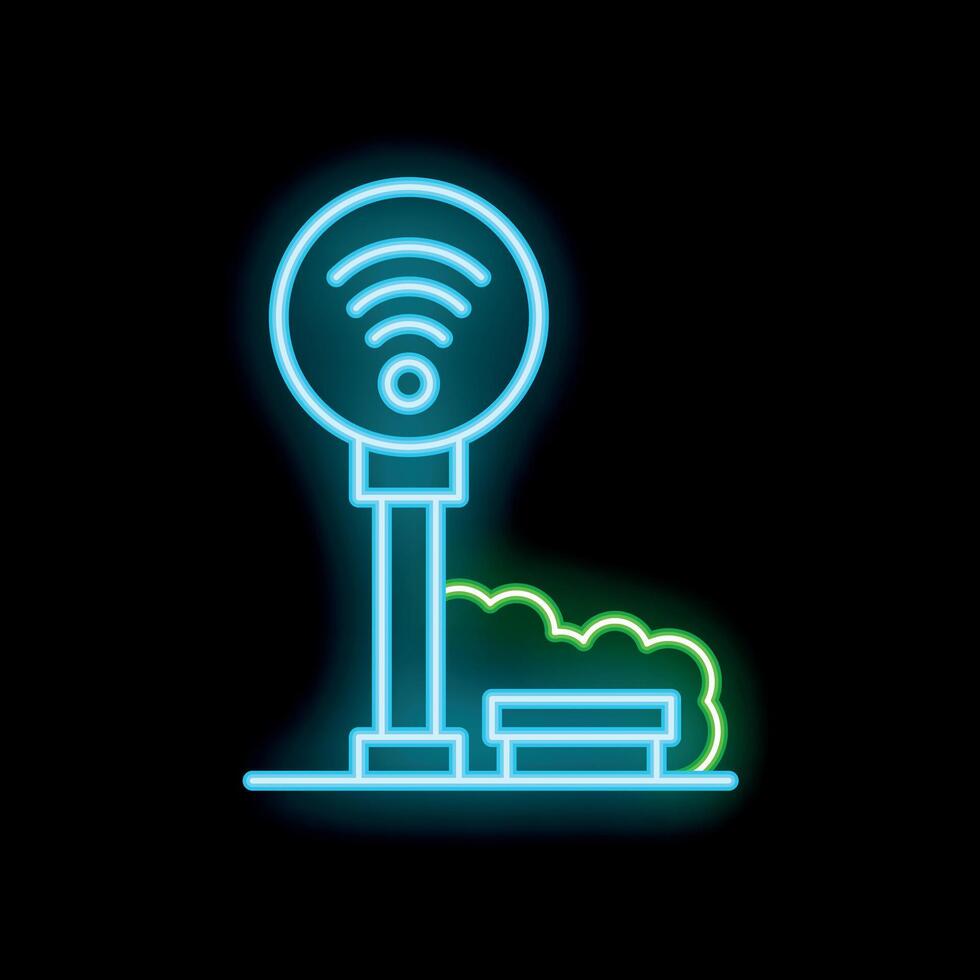 Neon icon of free wifi zone in park with bench at night vector