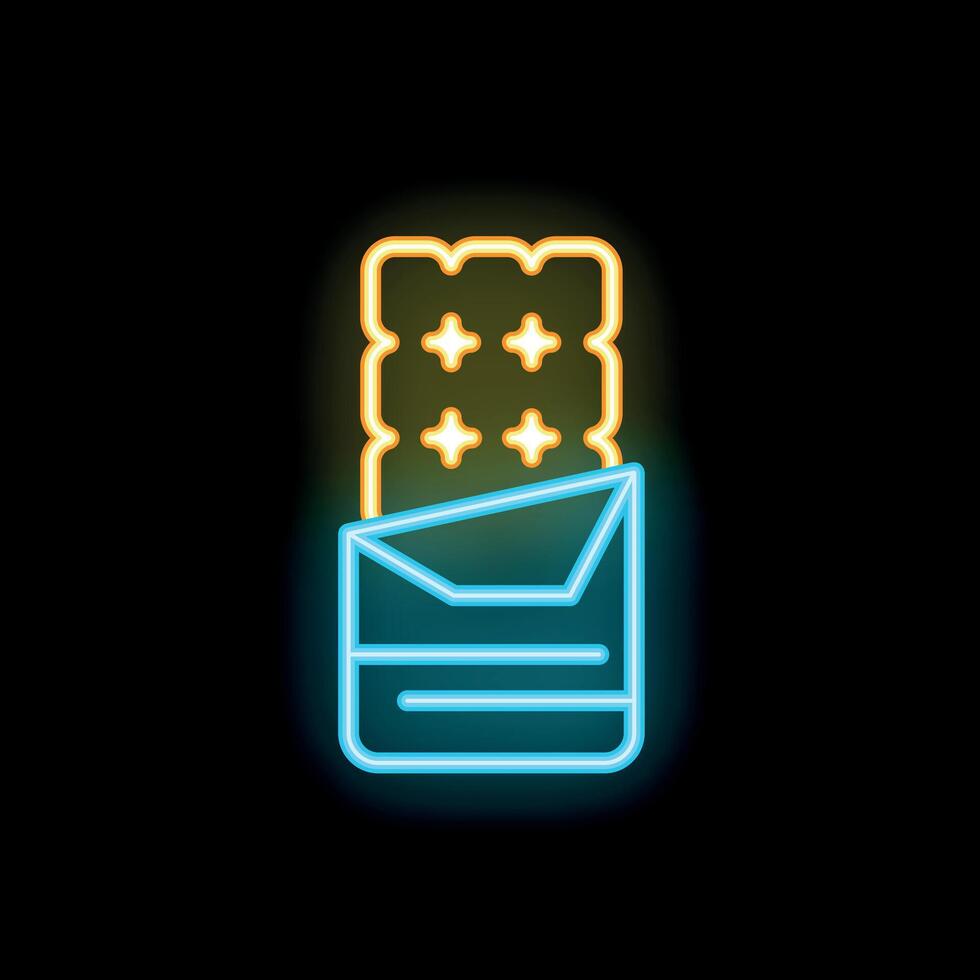Glowing neon sign of chocolate bar with filling on black background vector
