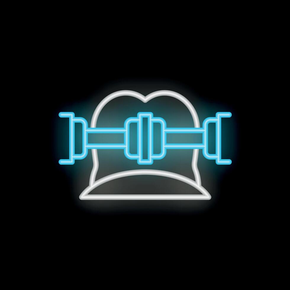 Neon icon of head with clamp holding artificial intelligence chip representing technological singularity vector