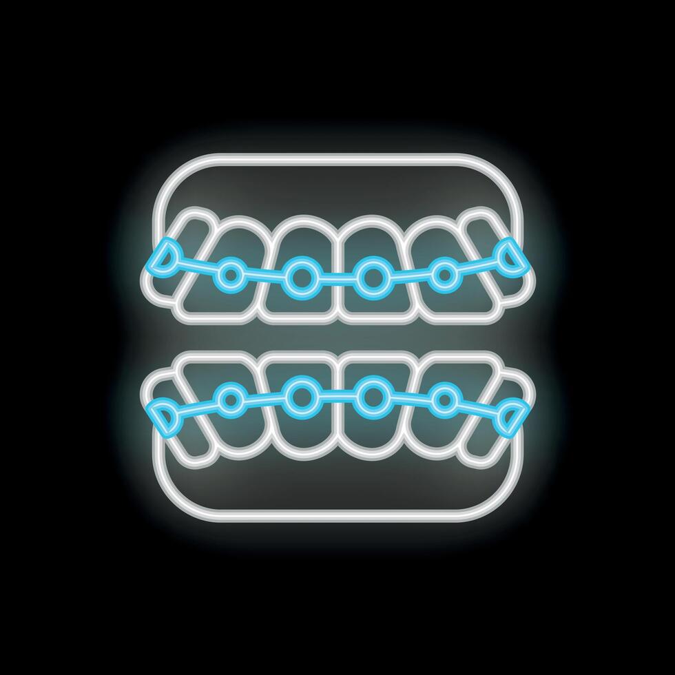 Neon icon of teeth showing braces correcting bite vector