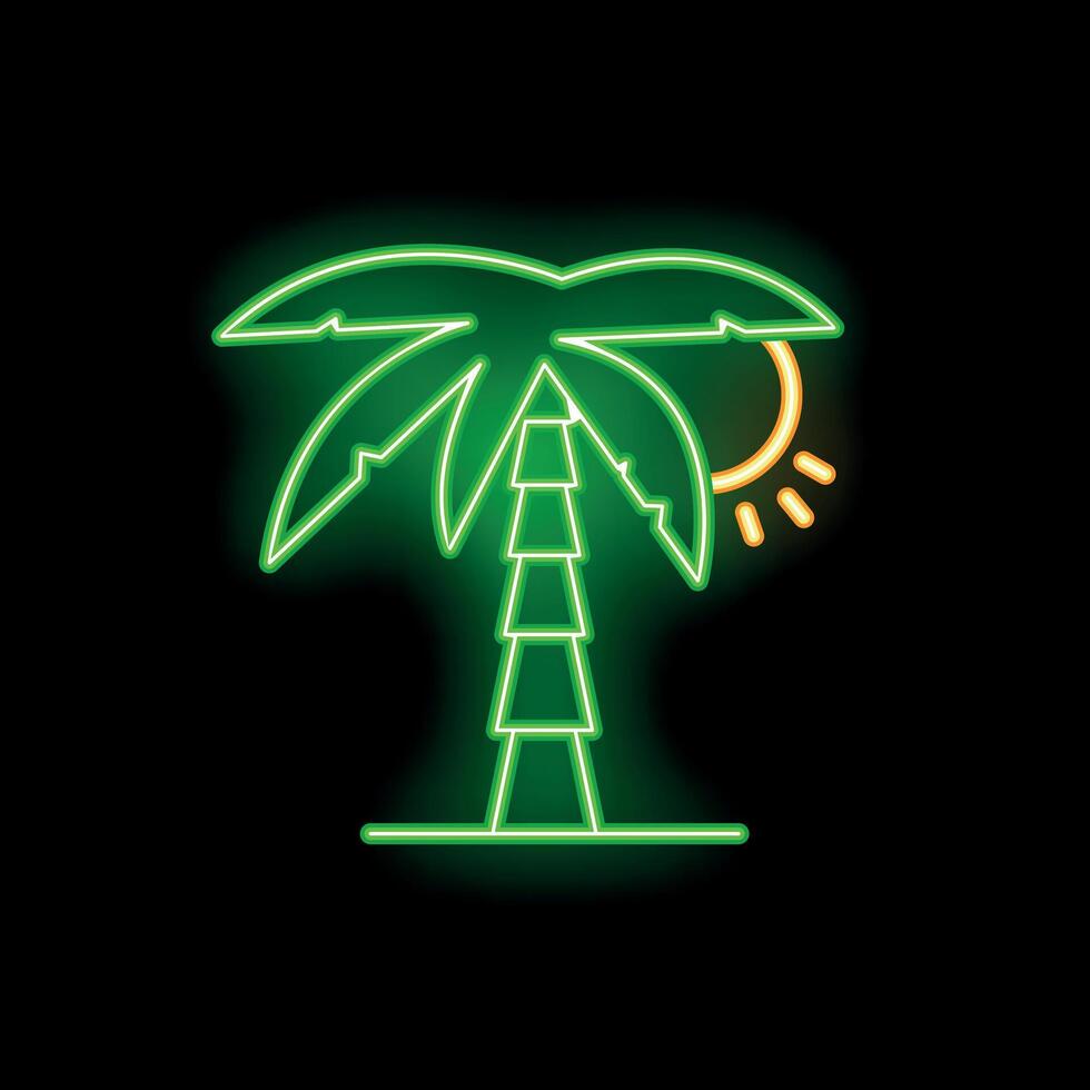 Green neon sign depicting a palm tree and sun on a black background vector