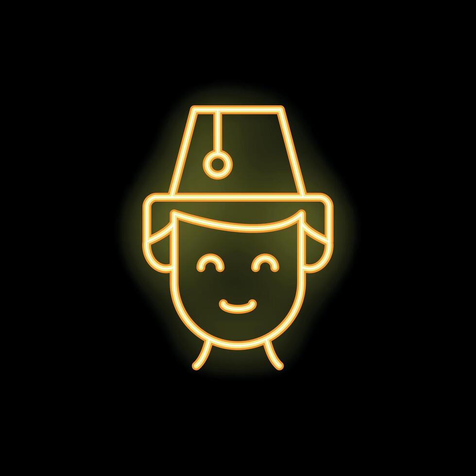 Neon icon of smiling bellboy wearing traditional uniform cap vector