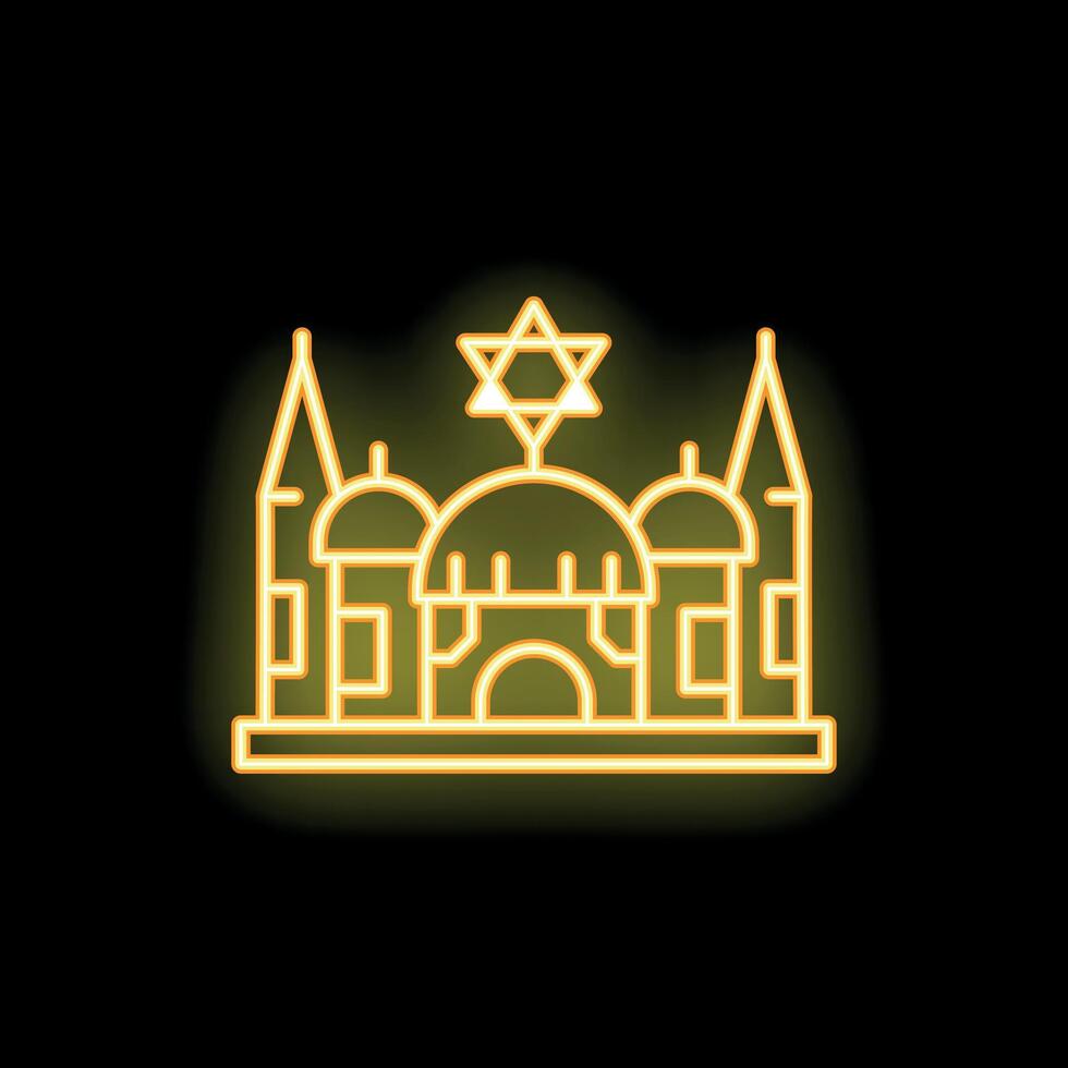 Neon synagogue building glowing on black background vector