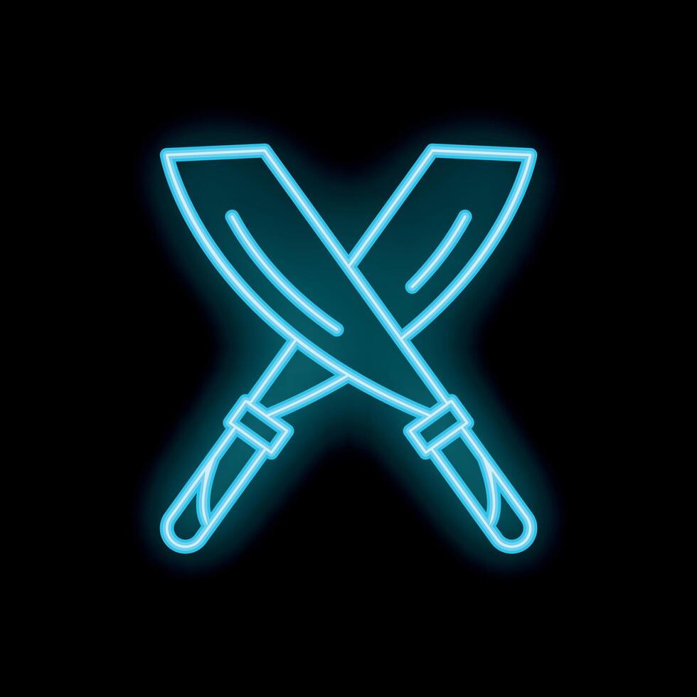 Neon icon of two crossed machetes glowing blue on black background vector