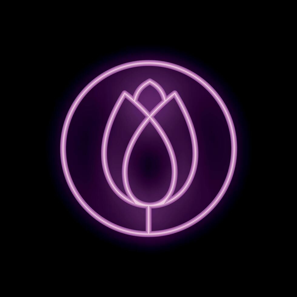 Pink neon sign depicting a flower in a circle on a black background vector