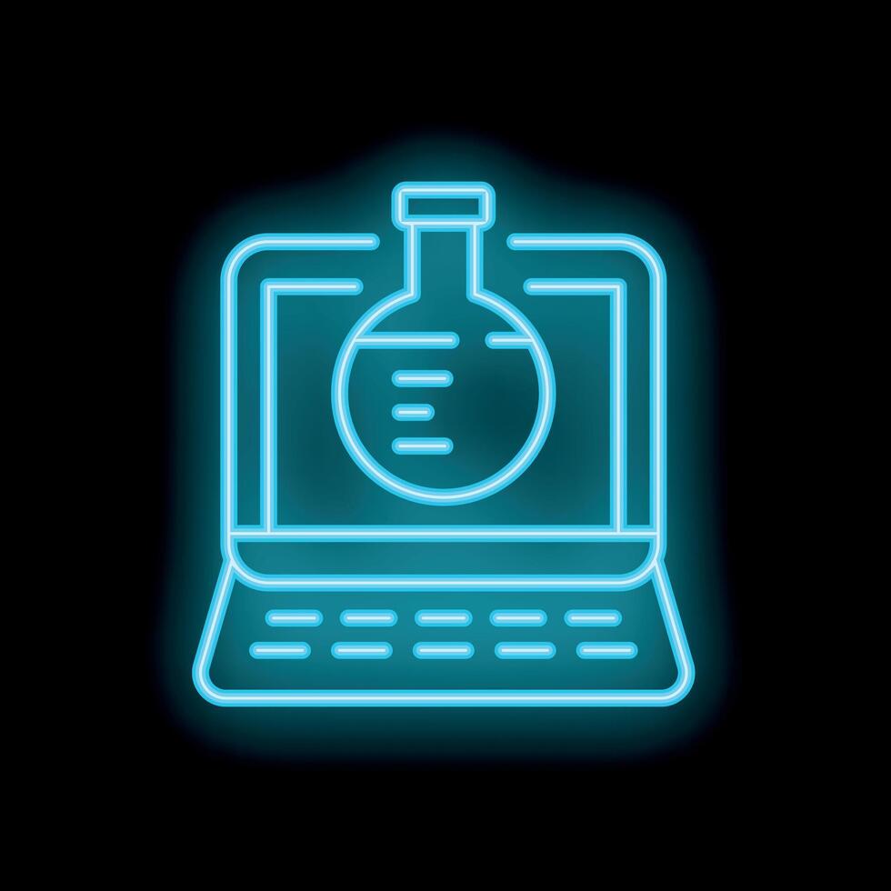 Neon icon of laptop showing chemical flask experimenting online vector