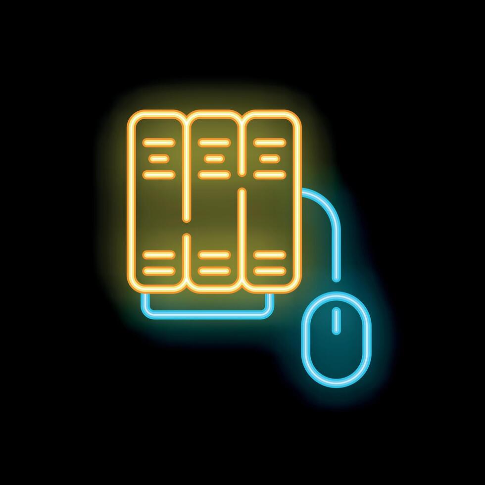Neon server icon connecting with computer mouse on black background vector