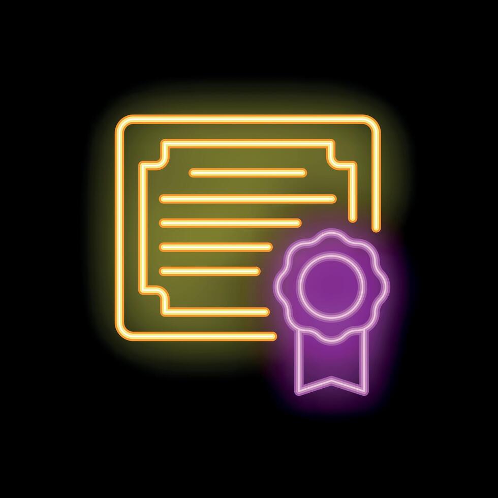 Neon sign of a certificate with a ribboned seal is glowing on a dark background vector