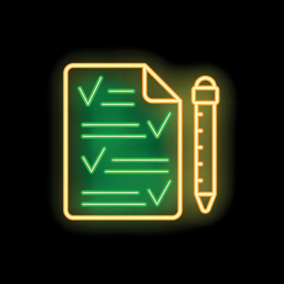 Neon green checklist with pen on black background vector