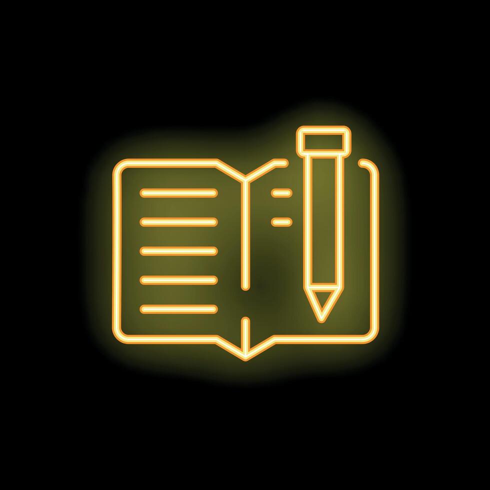 Neon yellow notebook and pen icon glowing on black background vector