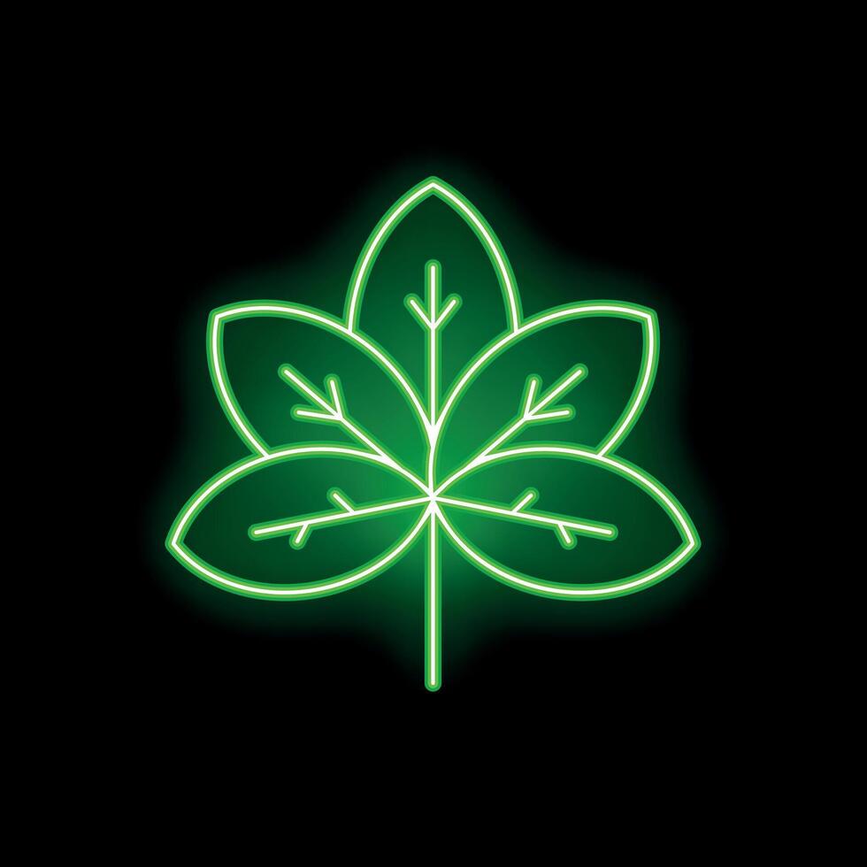 Green neon leaf glowing on black background vector