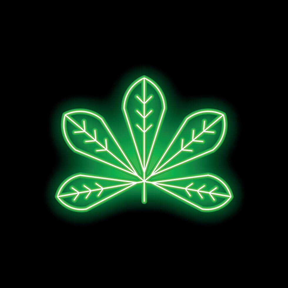 Green neon light glowing from a chestnut leaf on black background vector