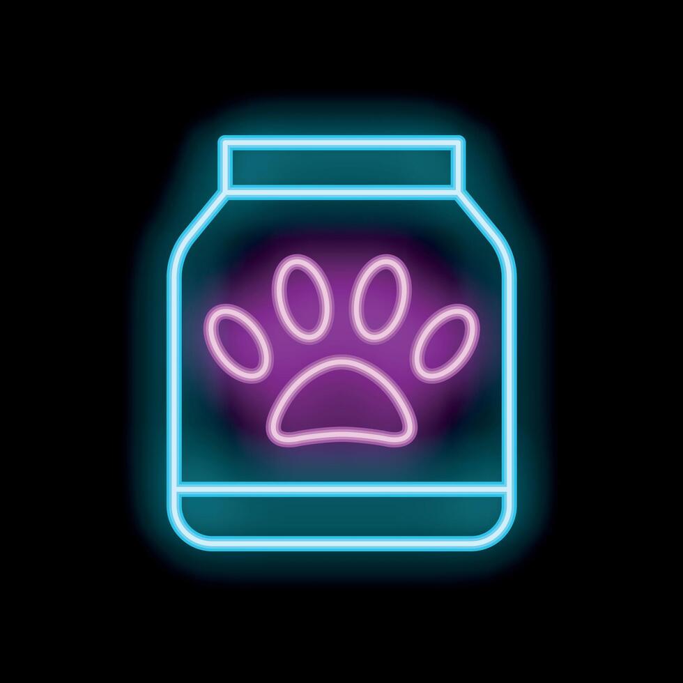 Neon icon of dog food container with paw print on black background vector