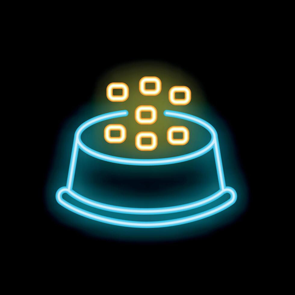 Neon icon of pet food pouring into bowl on black background vector