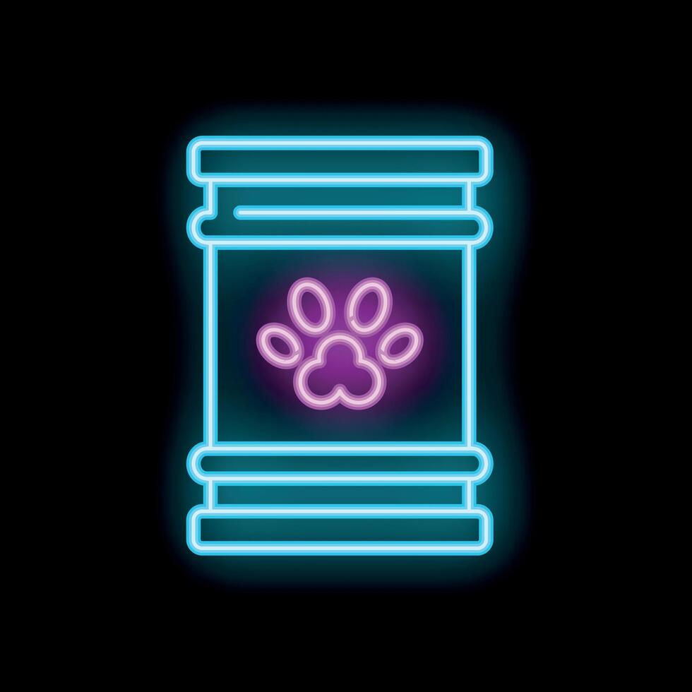 Neon sign of dog food container with paw print on black background vector