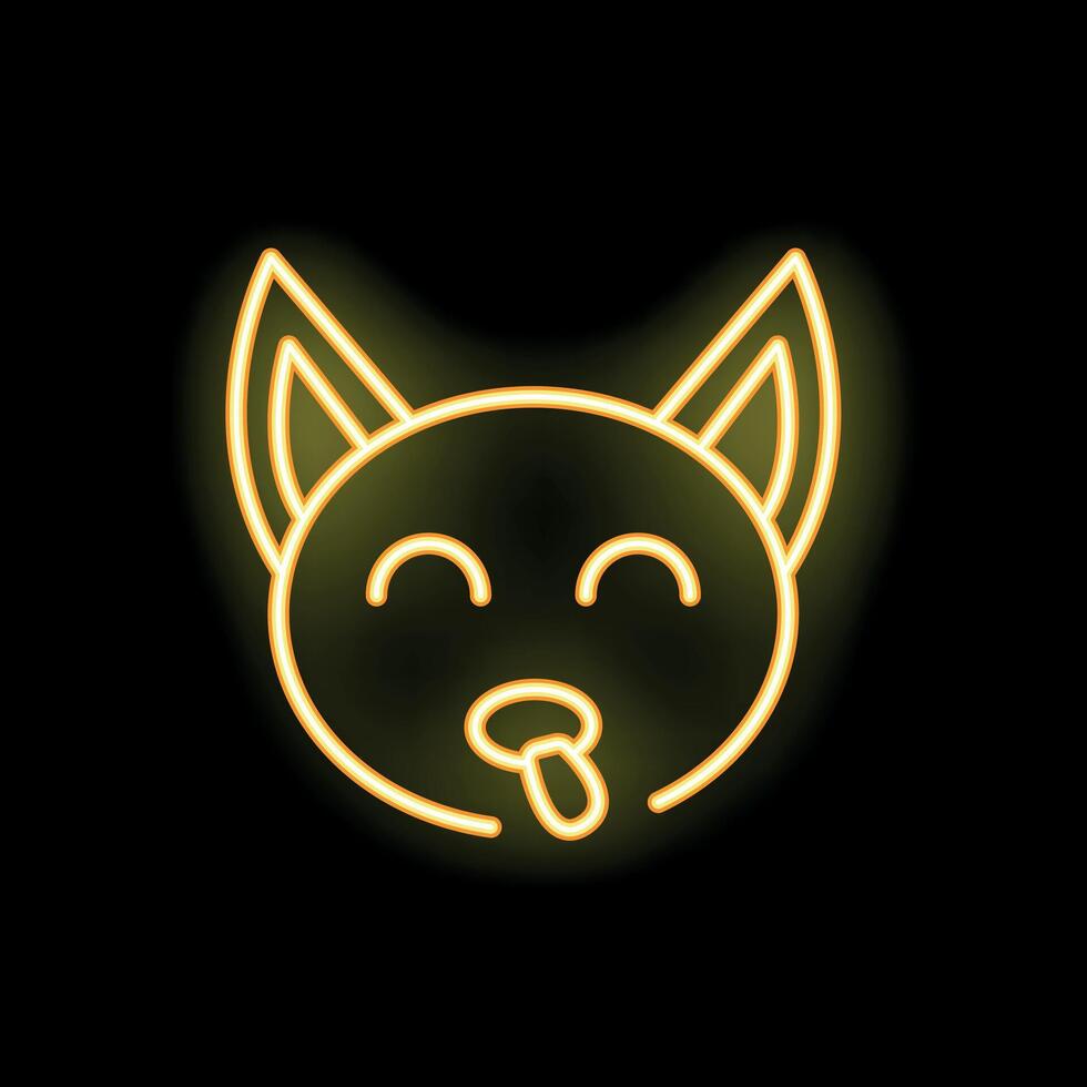 Neon cat face sticking out tongue with closed eyes on black background vector