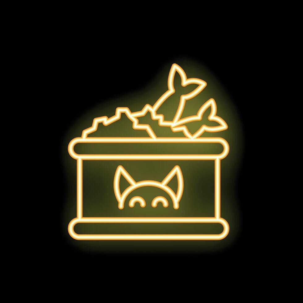 Yellow neon sign of cat food can with fish bones on black background vector